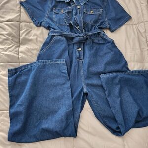 SHEIN Curve Denim Jumpsuit in Dark Blue